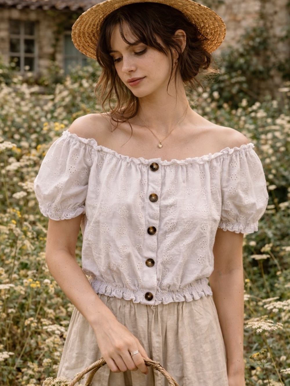 Cottagecore Milkmaid Eyelet Off Shoulder Prairie Peasant Romantic Blouse Girly